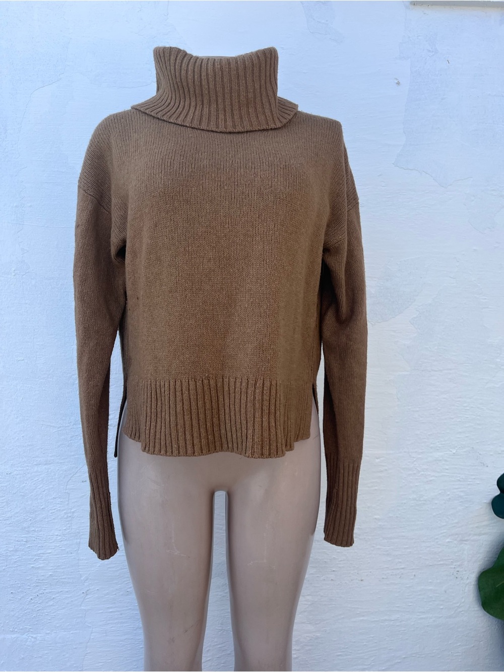 Anthropologie Cropped Brown Ribbed Turtleneck Sweater